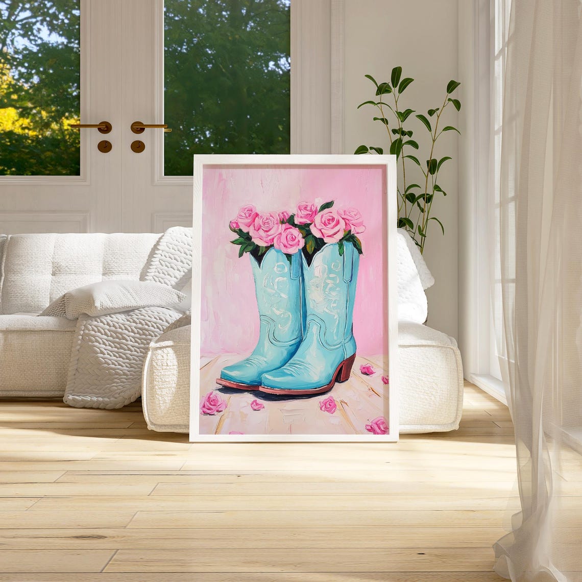 Floral Cowgirl Boots Wall Art Pastel Pink Blue Western Print For Western Nursery Decor Coastal Cowgirl Aesthetic Art - Image 3