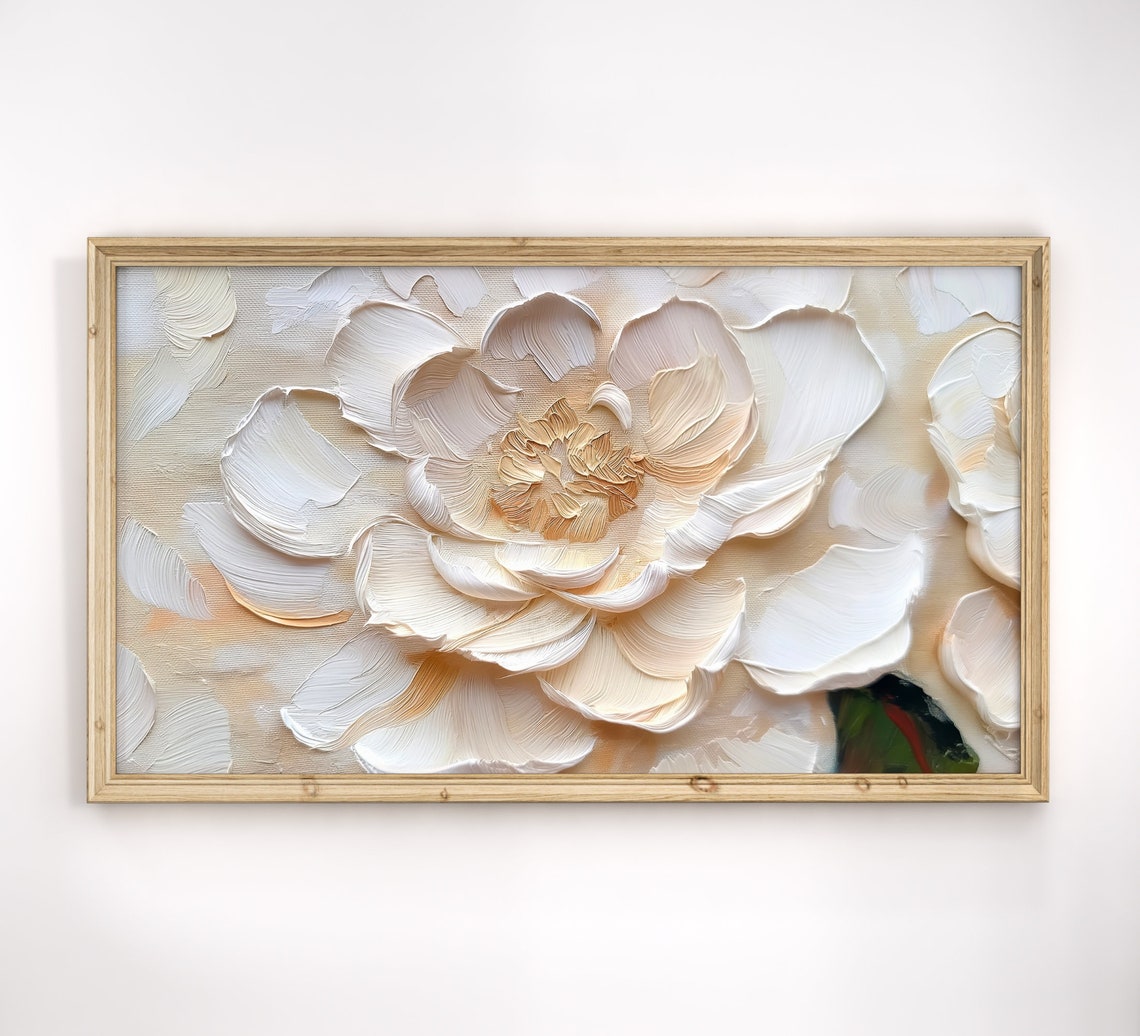 White Peony Close Up Textured Impasto Floral Oil Painting Poster
