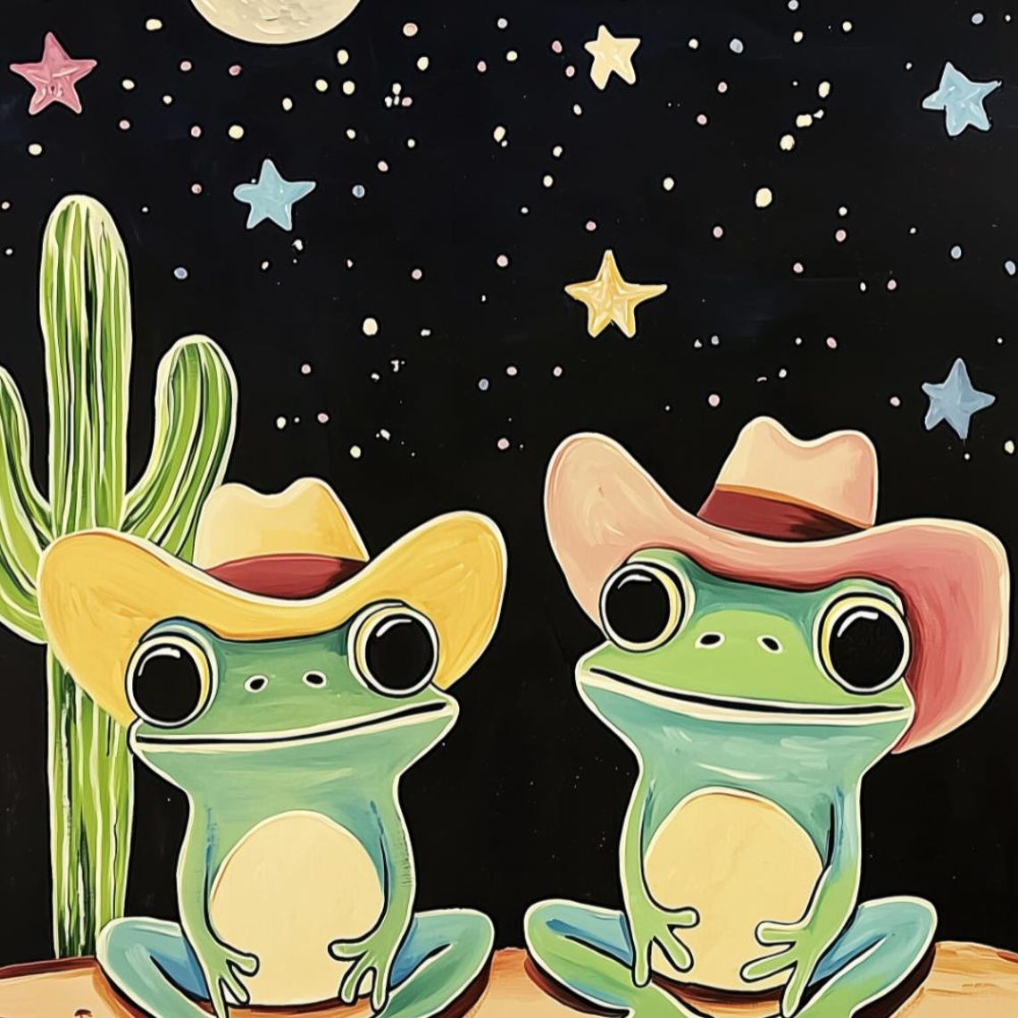 Two Cowboy Frogs Western Desert Night Starry Sky Whimsical Poster - Image 2