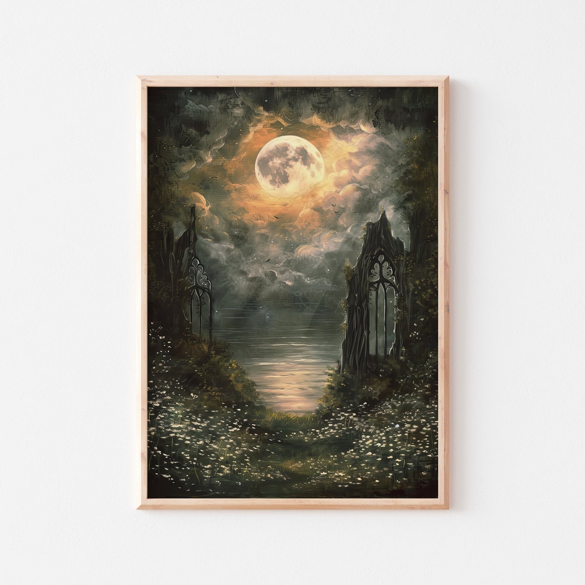 Full Moon Over Gothic Gate Dark Woods Vintage Night Painting Poster - Image 2