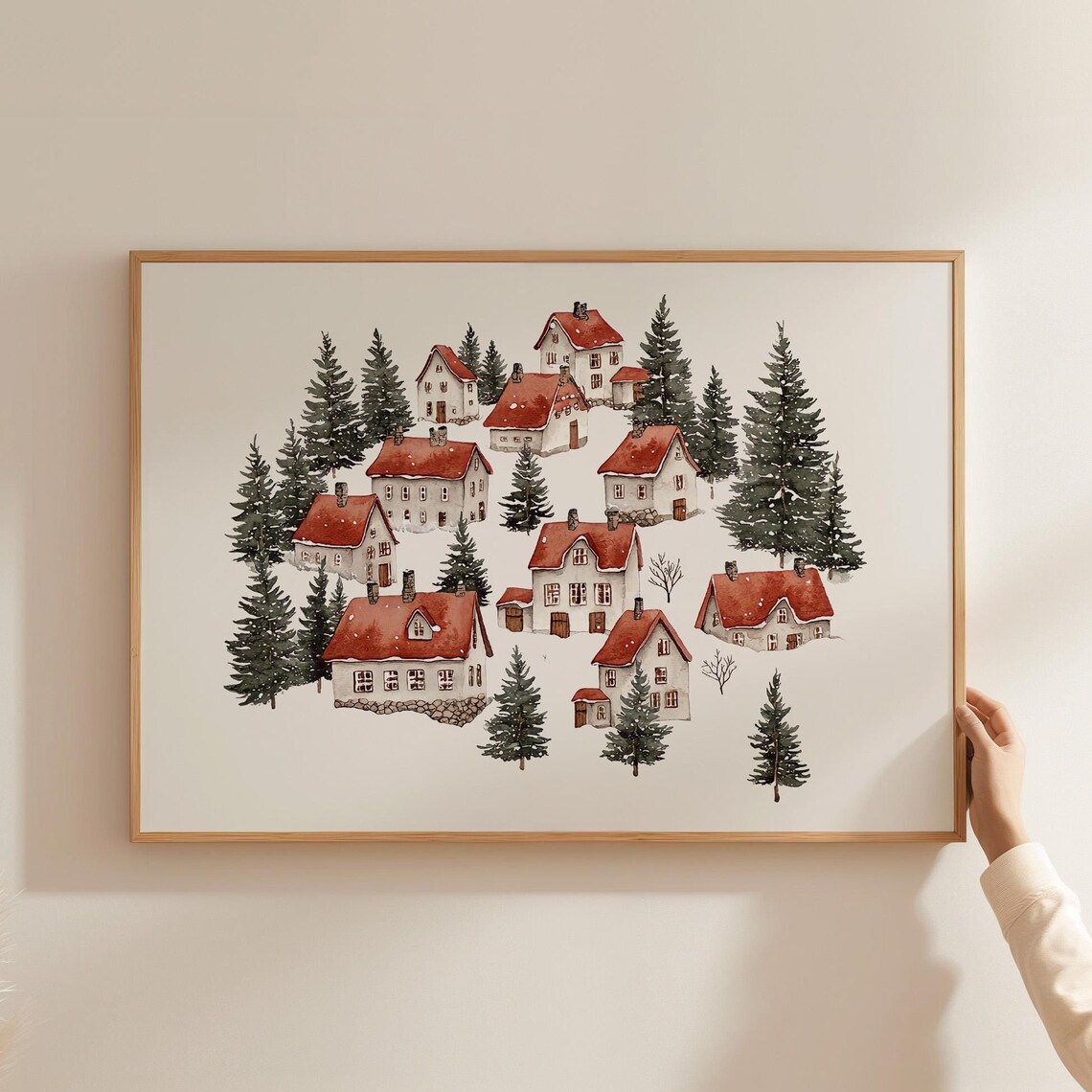 Snowy Winter Village Watercolor Christmas Poster with Red Roof Cottages