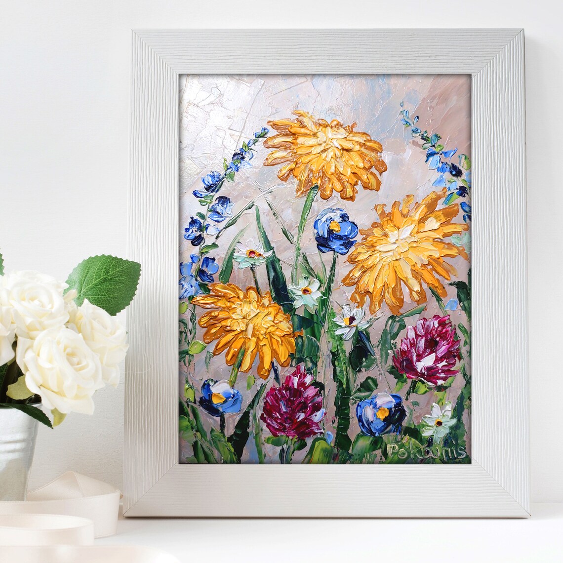 Wildflower Meadow Impasto Oil Painting Poster Orange Blue Blooms - Image 4