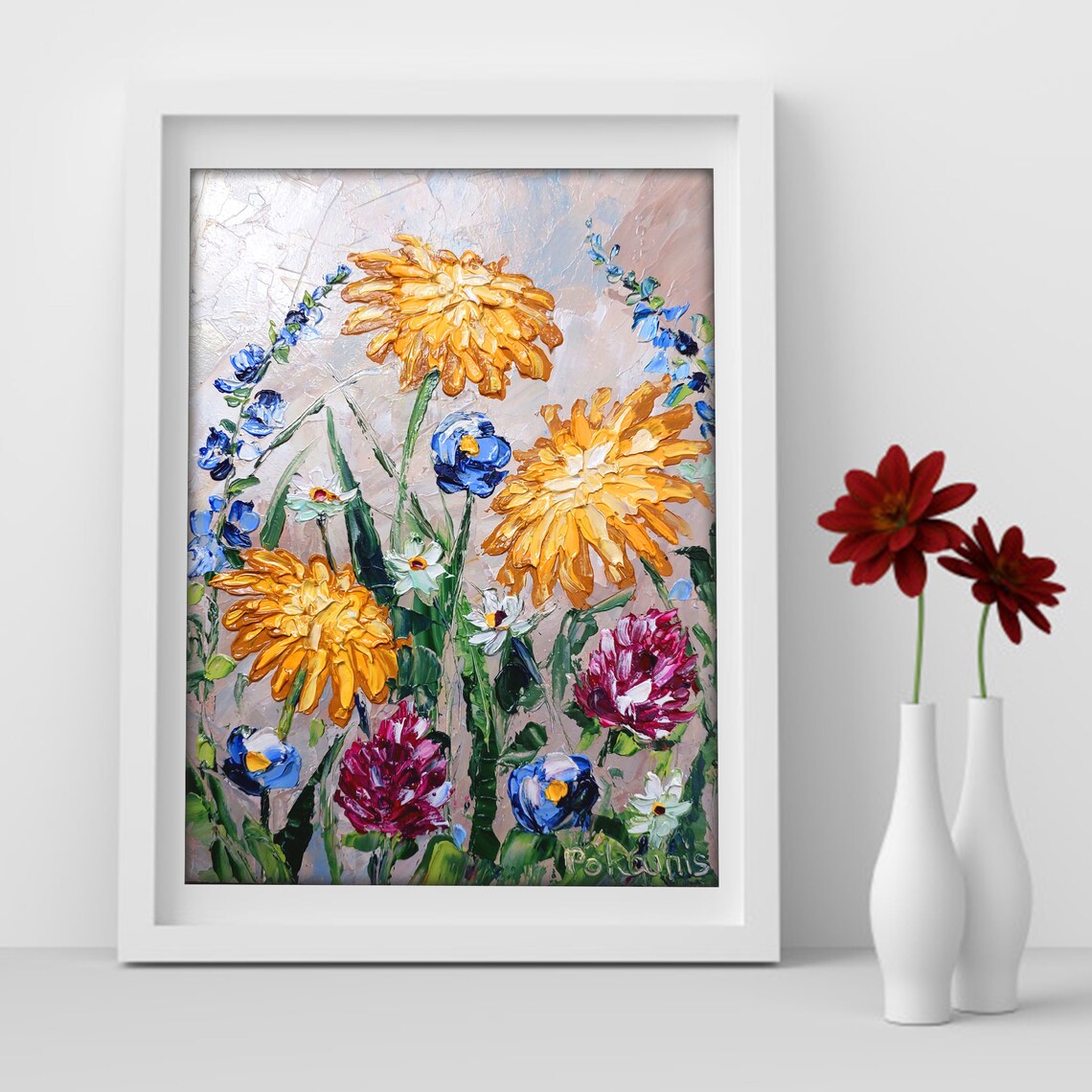 Wildflower Meadow Impasto Oil Painting Poster Orange Blue Blooms - Image 2