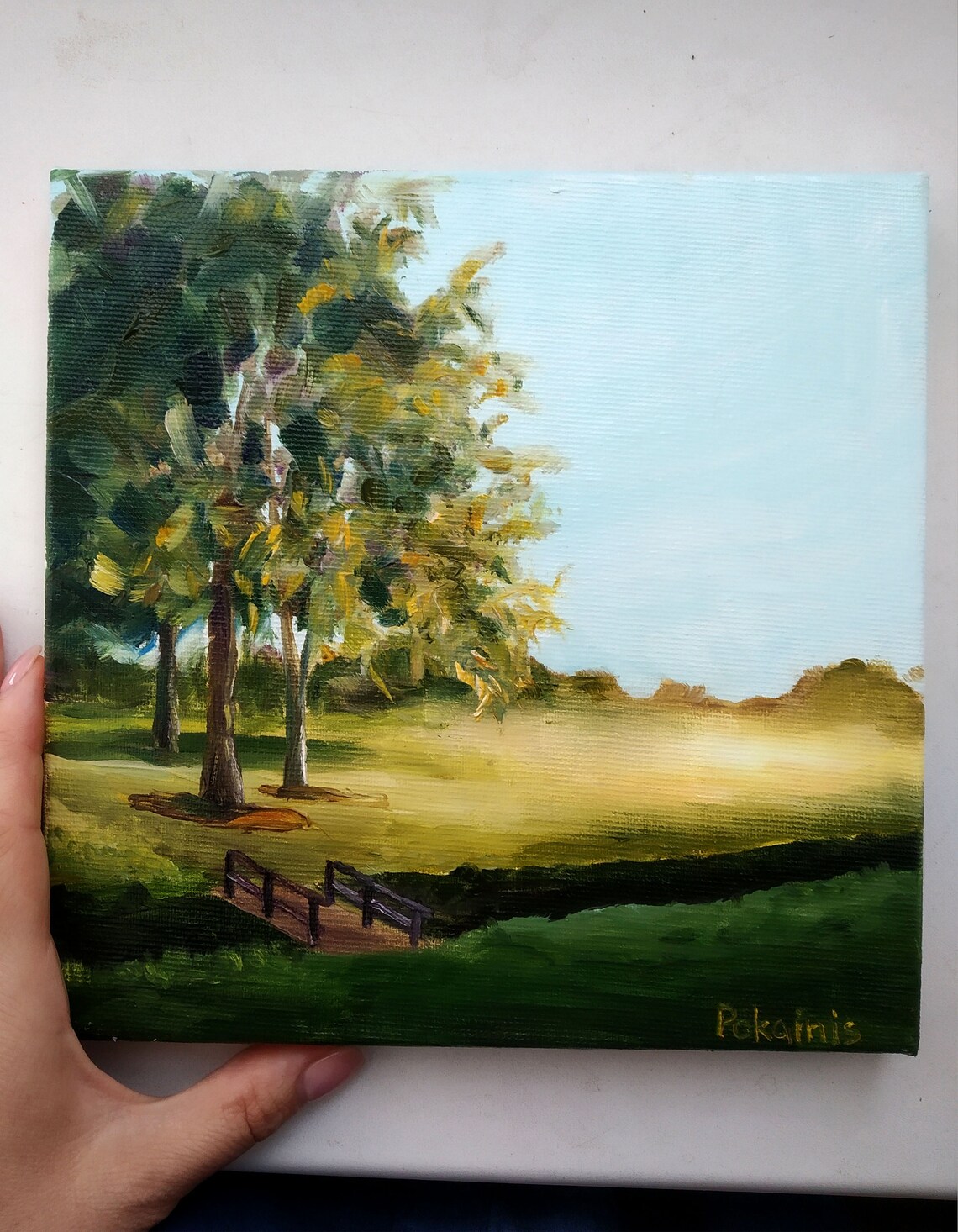Park Footbridge Oil Painting Golden Morning Trees Scenic Poster - Image 4