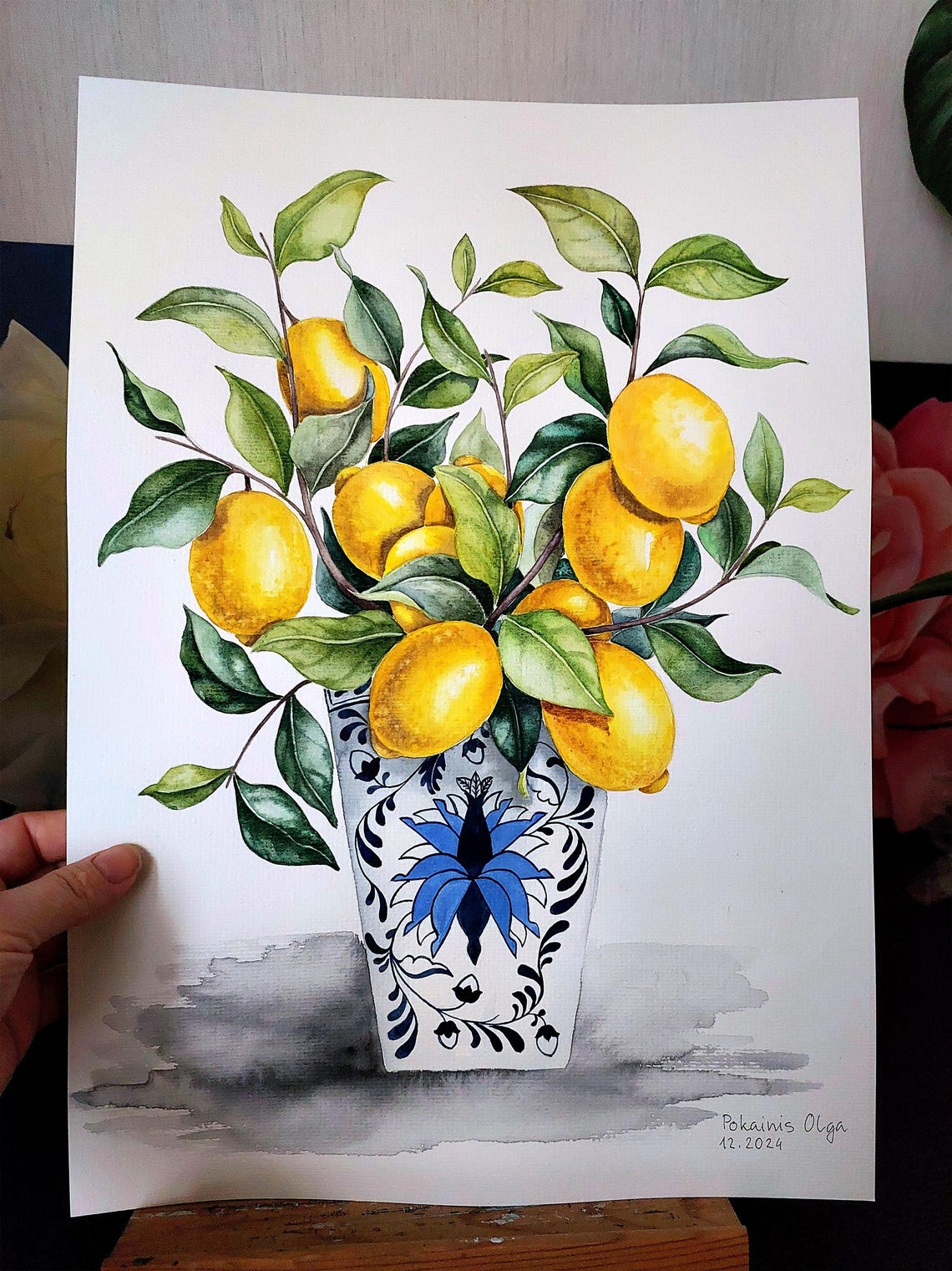 Ripe Lemons on Branches in a Blue and White Floral Vase Poster - Image 2