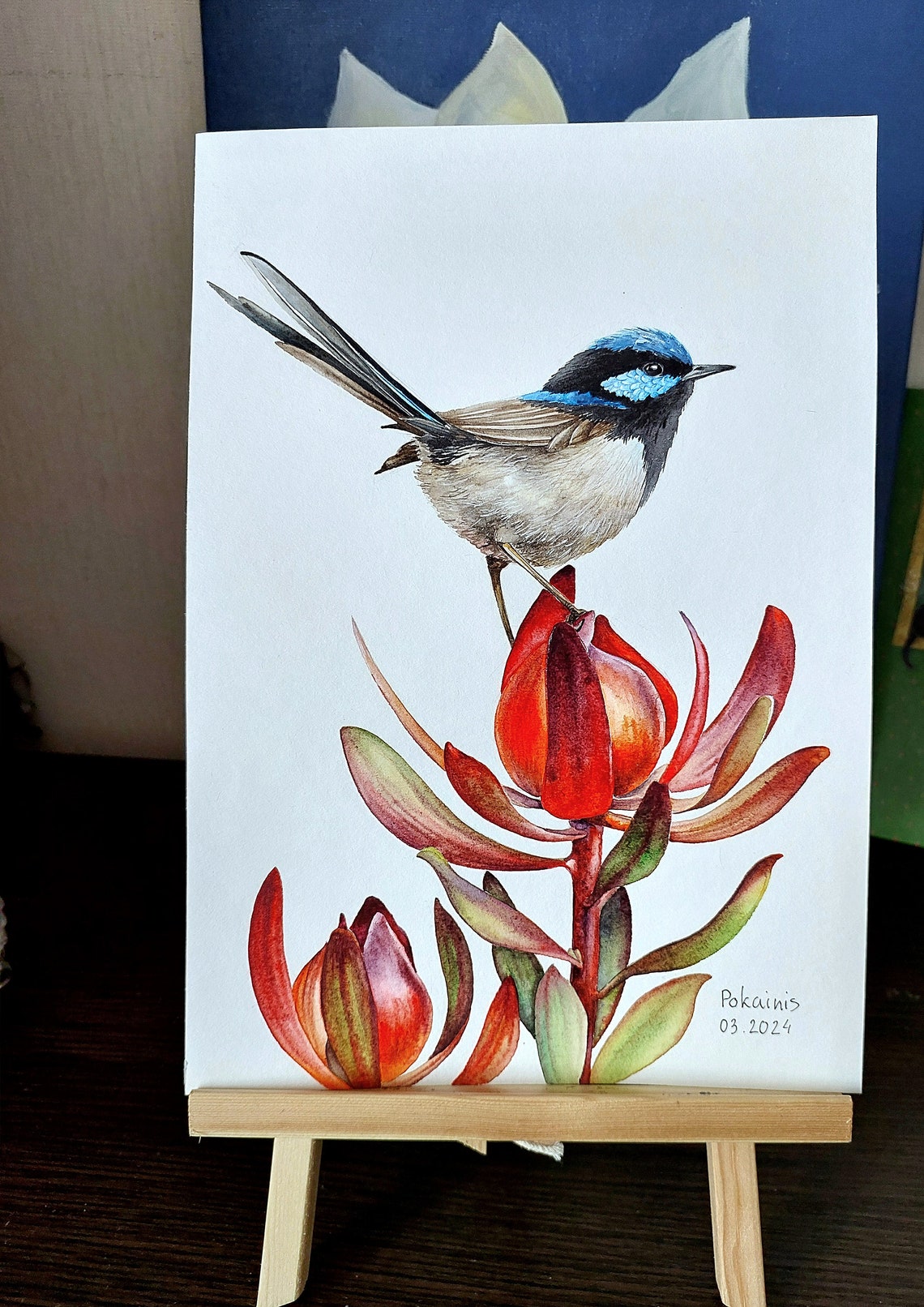 Superb Fairywren Blue Cap Crimson Protea Watercolor Bird Poster - Image 2