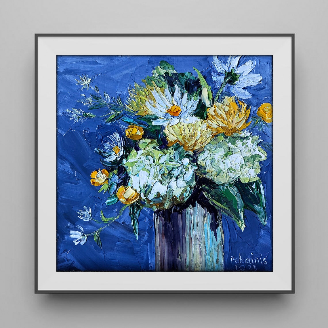 White Hydrangea and Daisy Bouquet Impasto Oil Floral Art Poster - Image 3