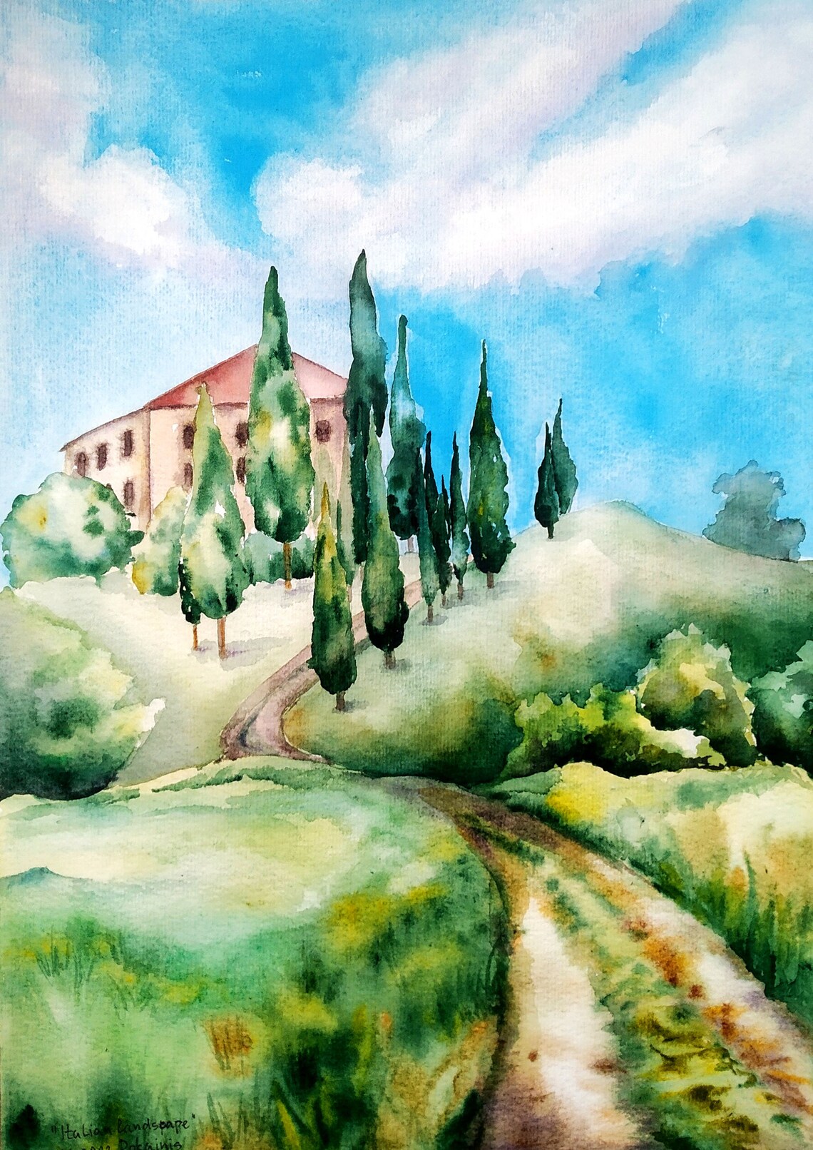 Italian Villa with Tall Cypress Trees Tuscany Watercolor Travel Poster