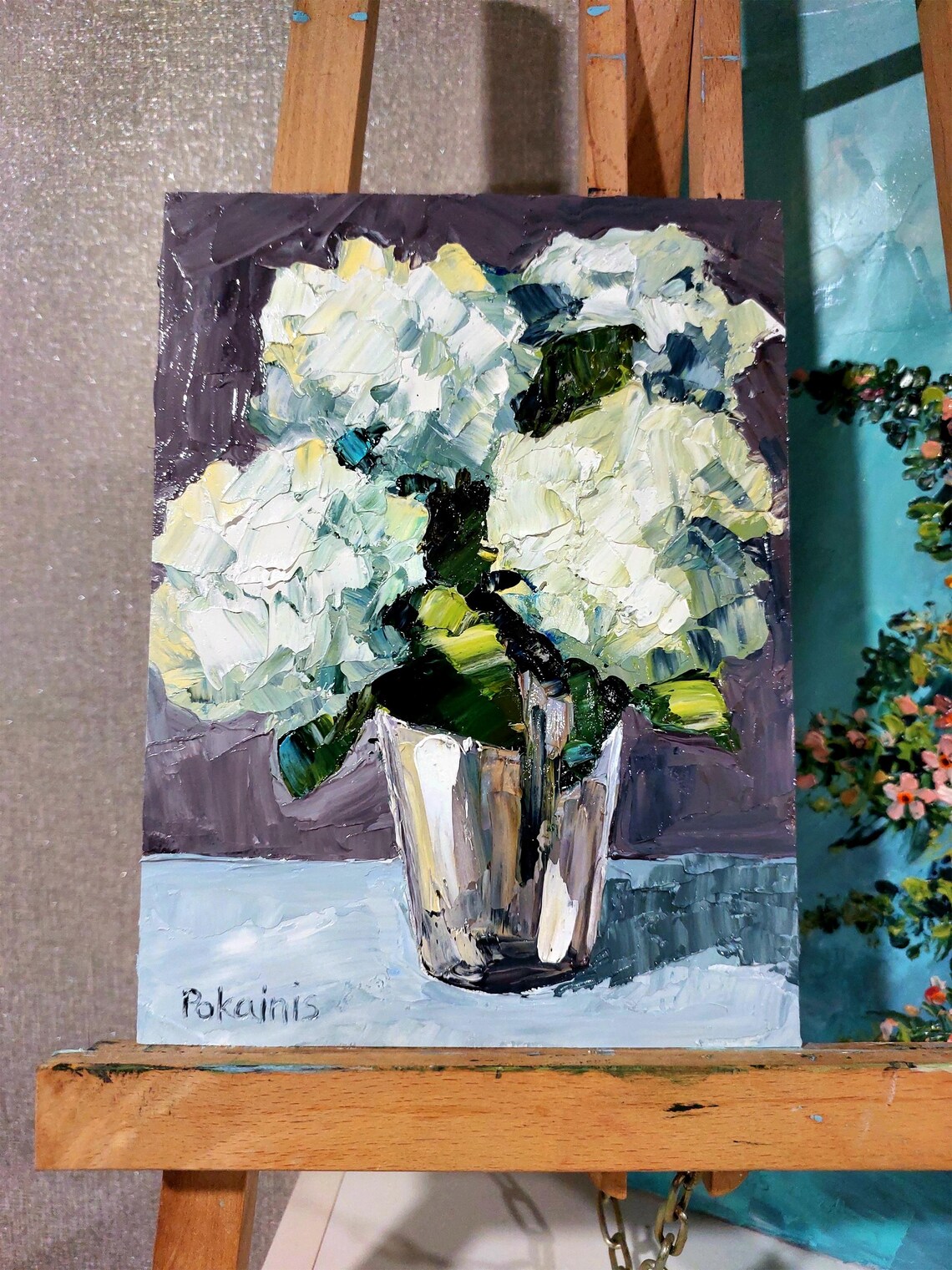 White Hydrangea Blooms in a Vase Impasto Oil Painting Floral Poster