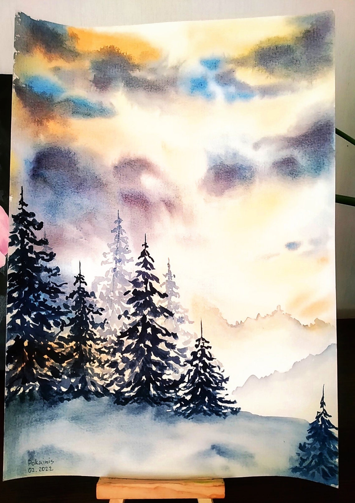Original Landscape Watercolor Painting Winter Mountain Wall Art Forest Painting Sunset Watercolor Cloud Painting Sunrise Wall Art - Image 3