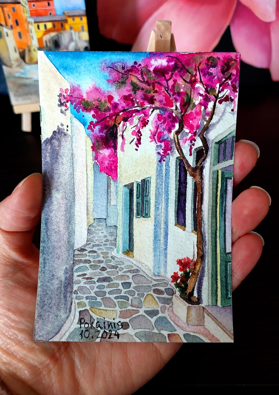Santorini Cobblestone Alley Pink Bougainvillea Watercolor Poster