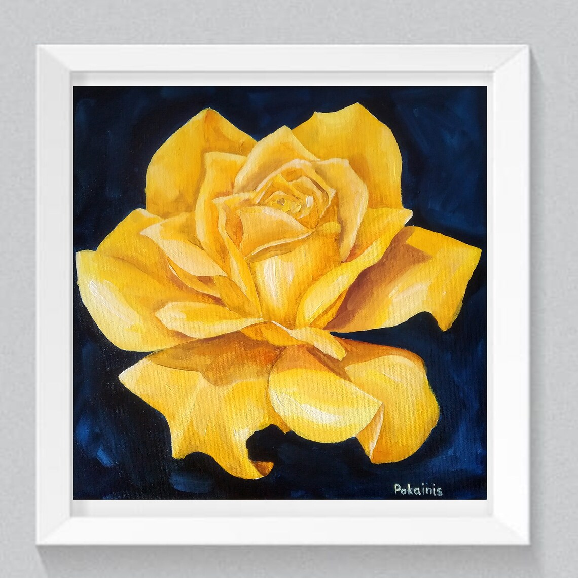 Golden Yellow Rose Close Up Oil Painting on Dark Navy Poster - Image 2