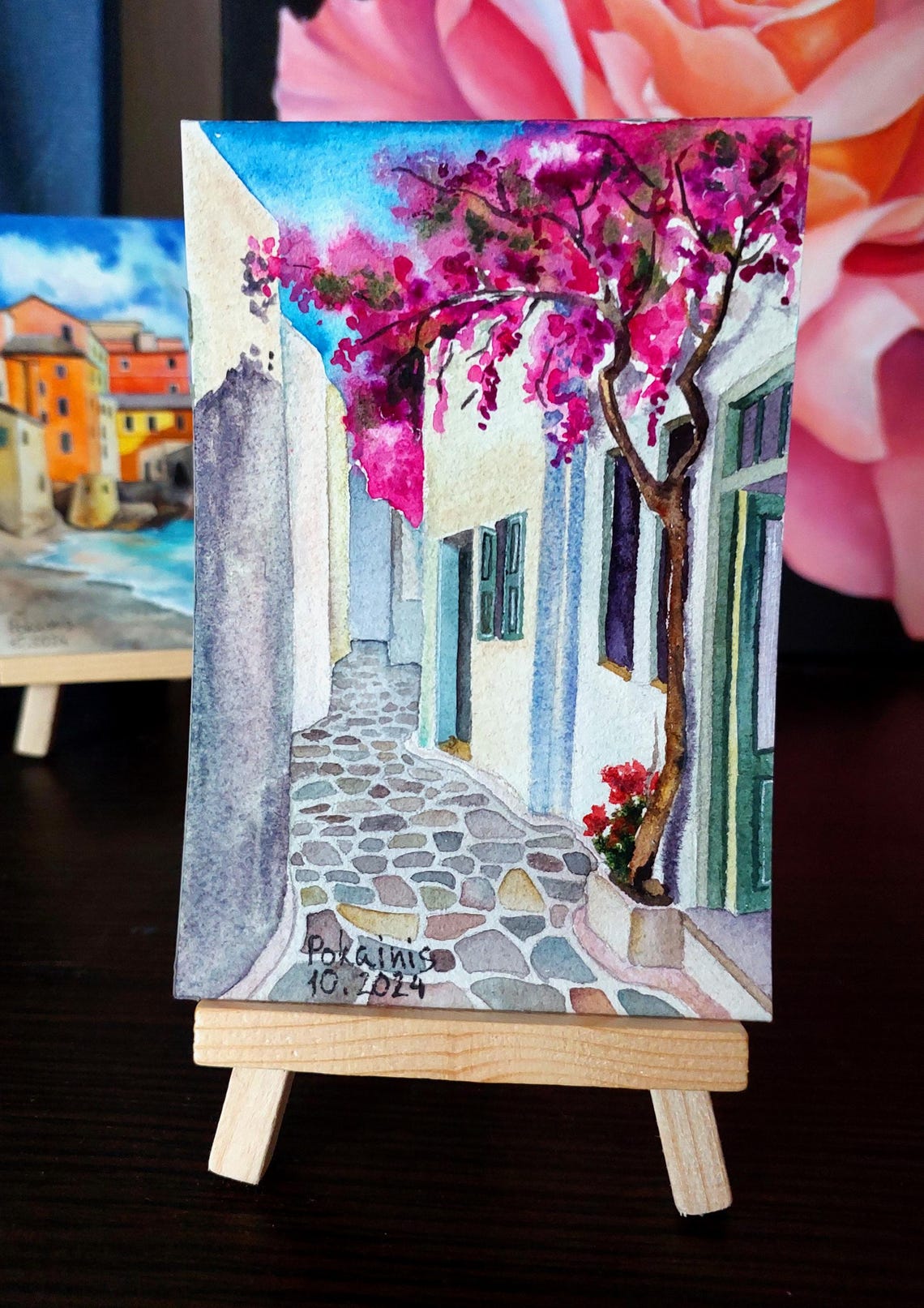 Santorini Cobblestone Alley Pink Bougainvillea Watercolor Poster - Image 5