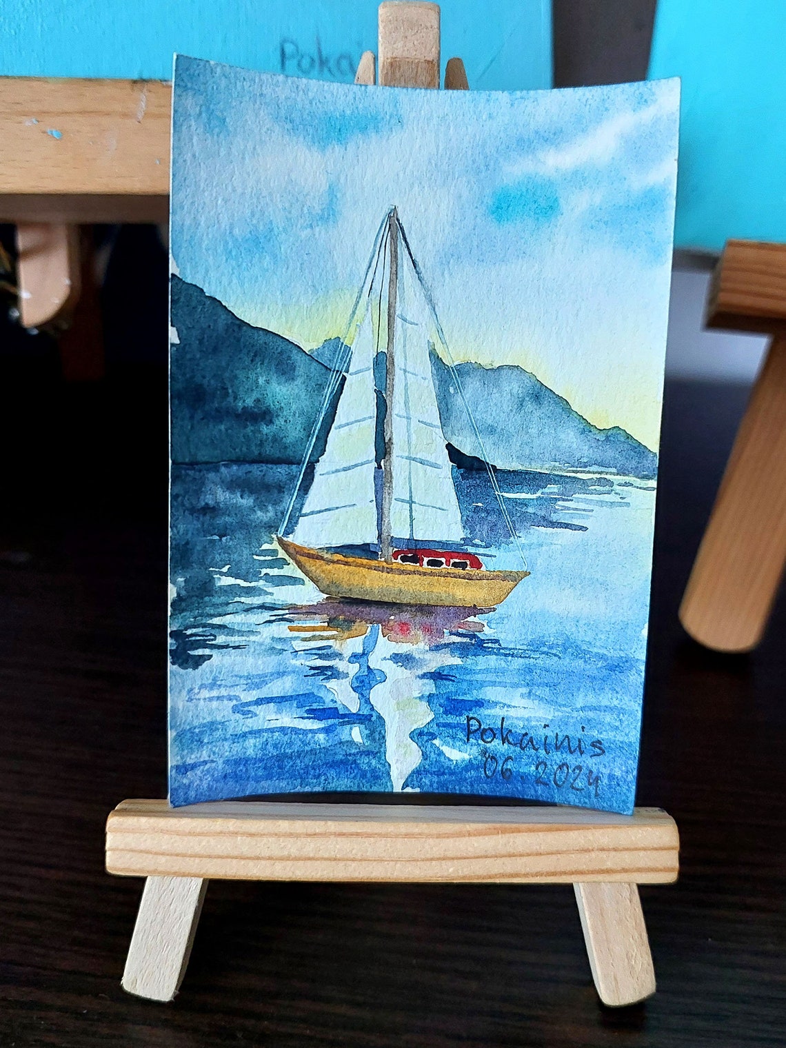 Sailboat Under Moonlit Sky Night Sailing Watercolor Miniature Poster - Image 3