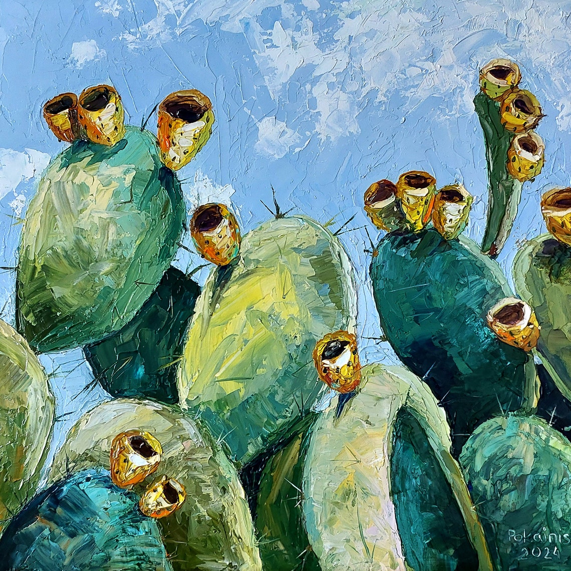 Prickly Pear Cactus Oil Painting Poster Yellow Fruit Blue Sky