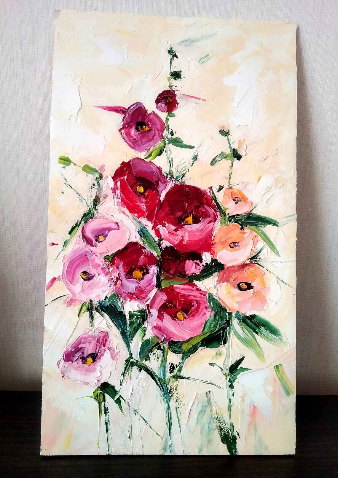 Pink Poppy Bouquet Impasto Oil Painting Poster Cream Background - Image 4