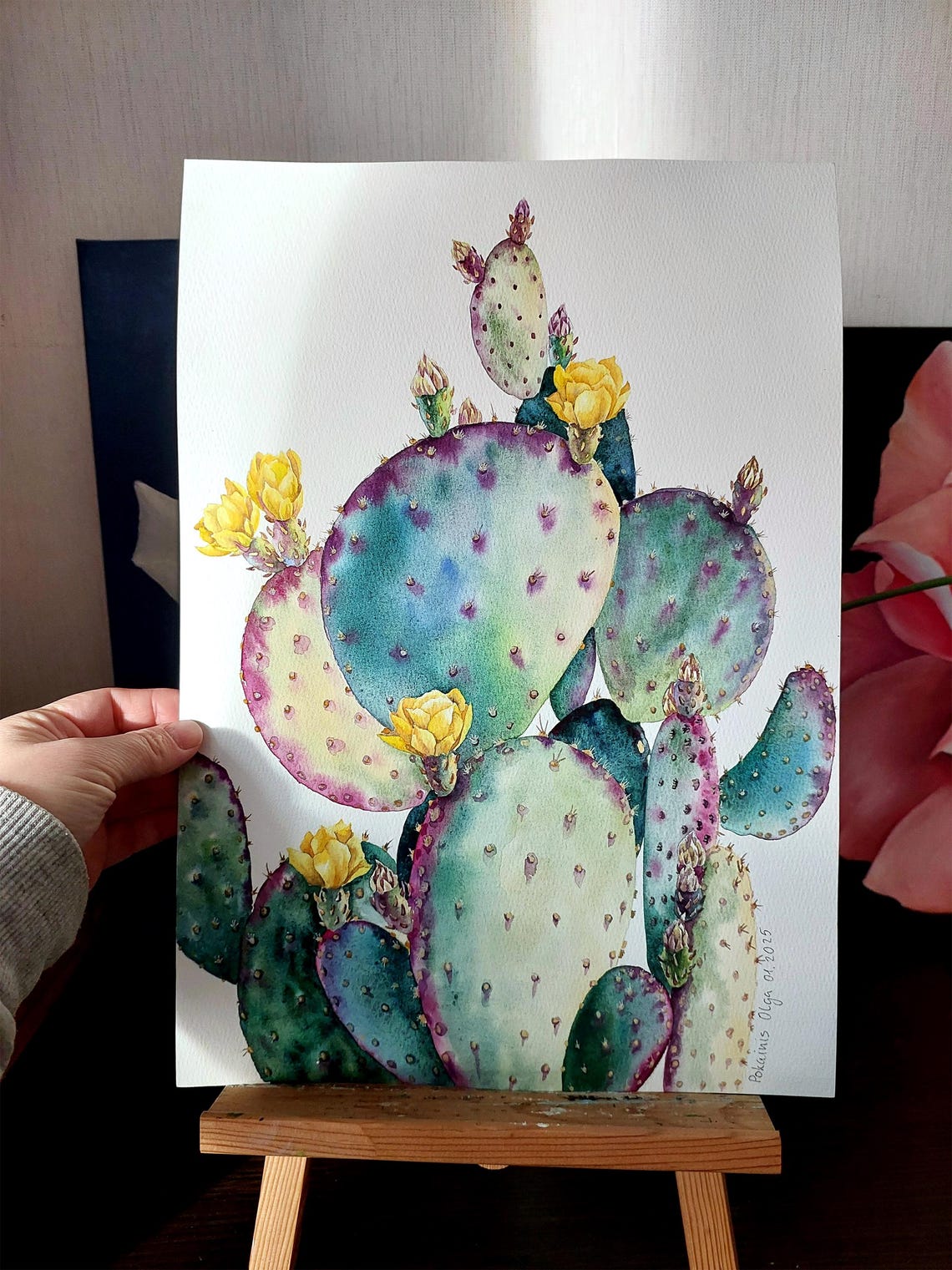 Purple Prickly Pear Watercolor Poster With Yellow Cactus Flowers - Image 5