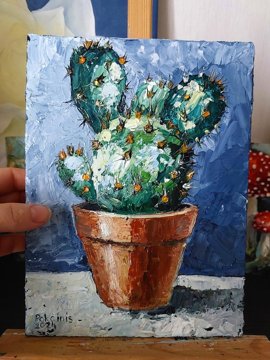 Prickly Pear Cactus in Terracotta Pot Impasto Oil Blue Poster - Image 5