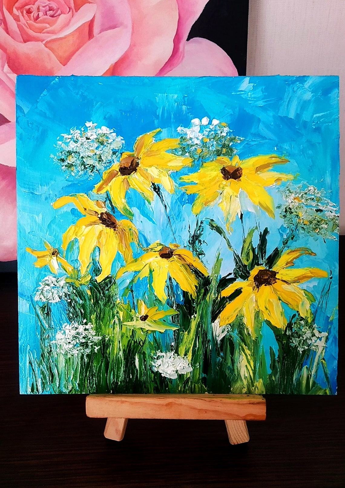 Yellow Coneflowers Swaying Against Blue Sky Impasto Oil Poster - Image 3