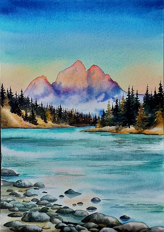 Original Watercolor Pink Sunset Painting Quiet Dawn On A Mountain River Fine Art Small Landscape Wall Art Misty Lake Sunset Artwork