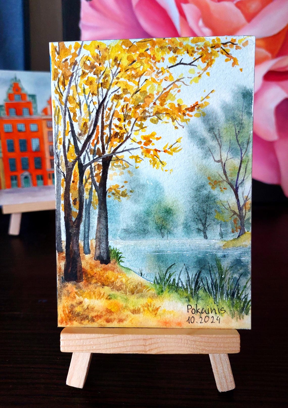 Golden Autumn Forest Lake Watercolor Landscape Scenic Art Poster - Image 2