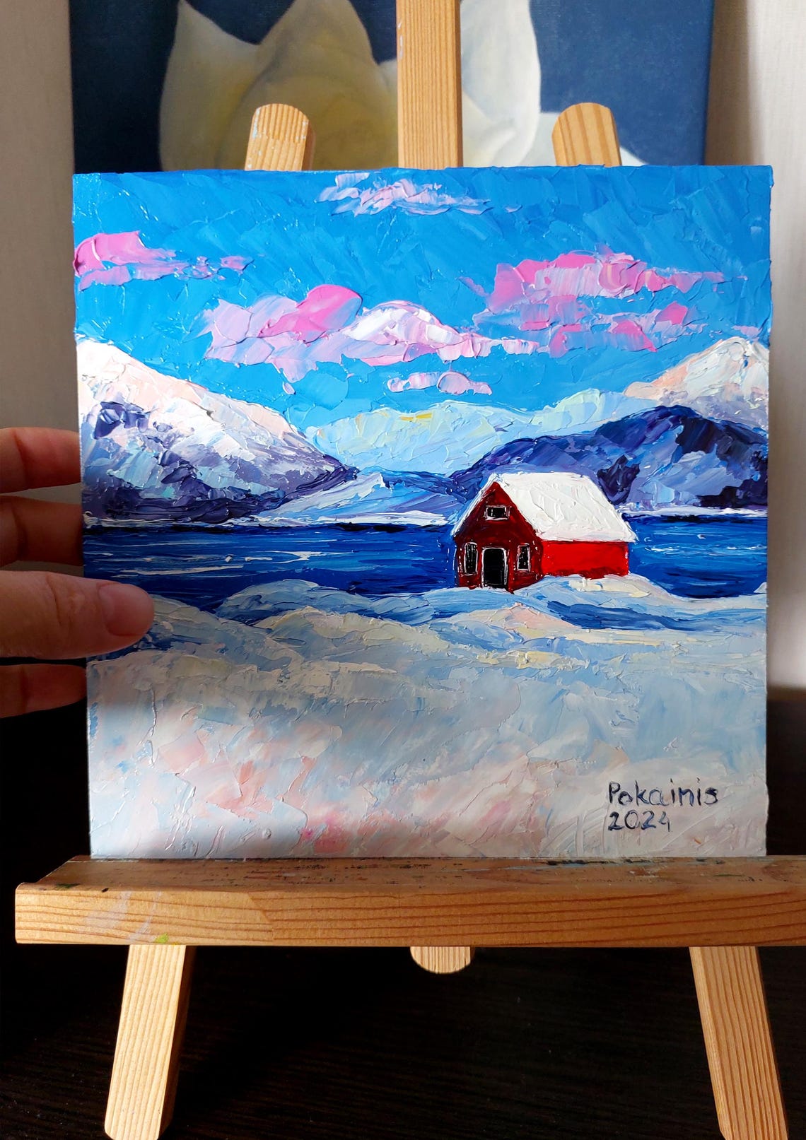 Red Cabin Winter Landscape Impasto Oil Painting Poster In Snow - Image 5