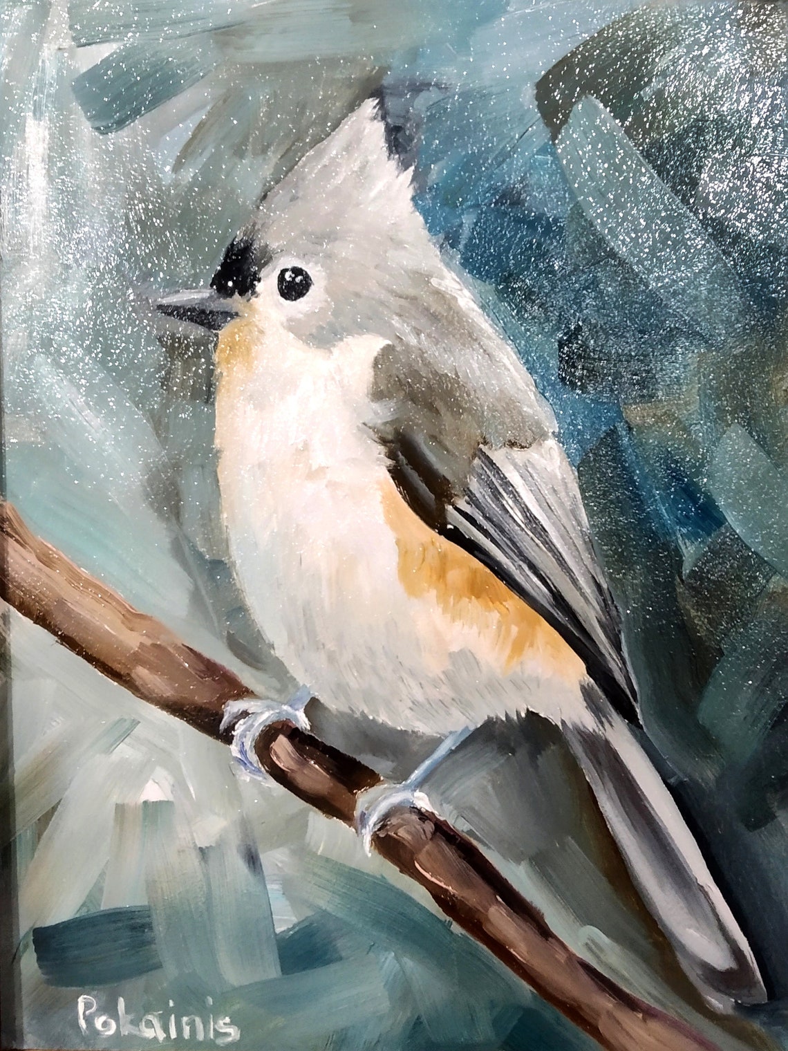 Tufted Titmouse on Snowy Branch Winter Oil Bird Portrait Poster