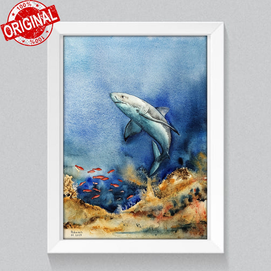 Great White Shark Over Coral Reef Watercolor Ocean Life Poster - Image 2