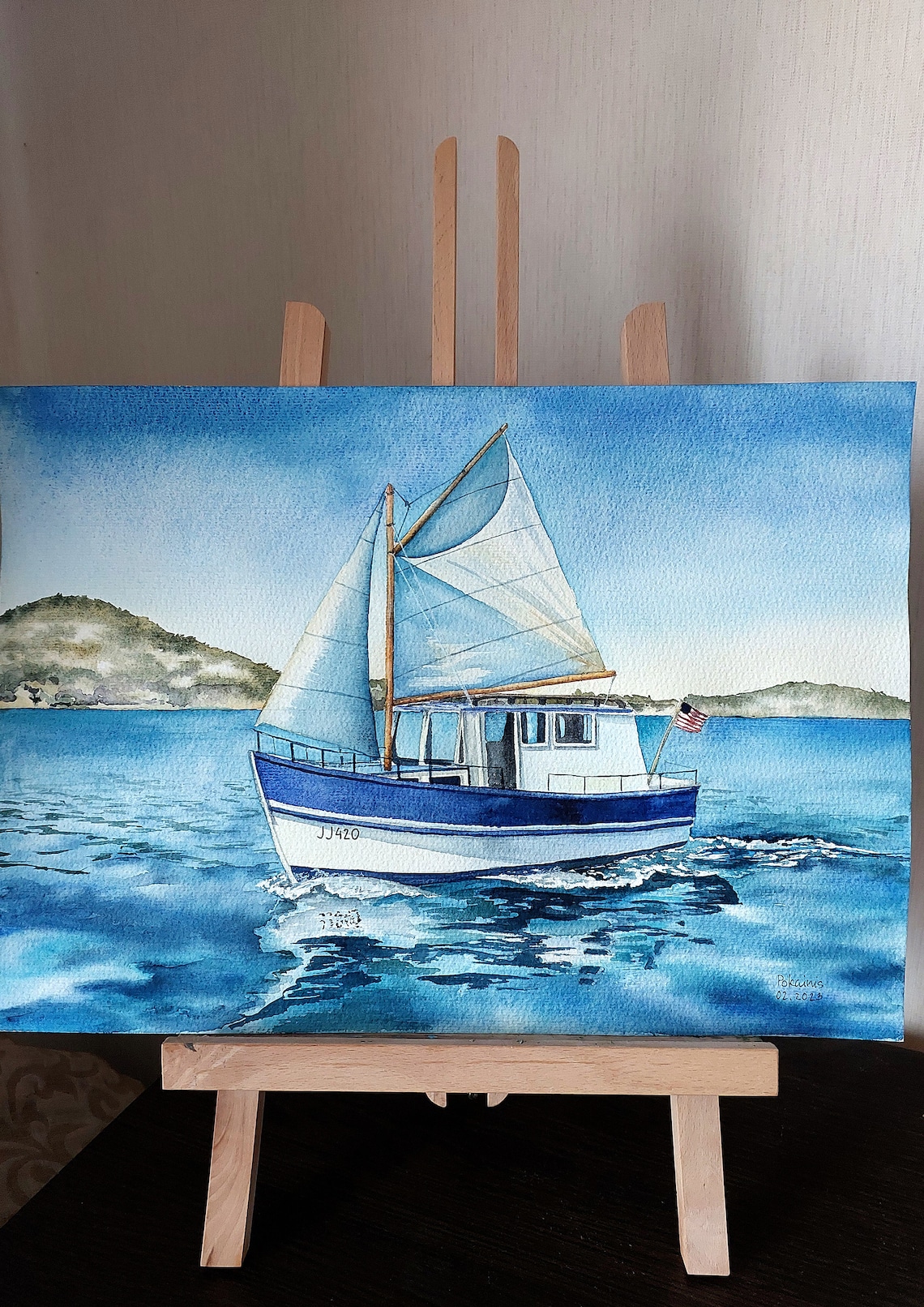 Sailboat JJ420 Under Sail on Bright Blue Sea Watercolor Poster - Image 5