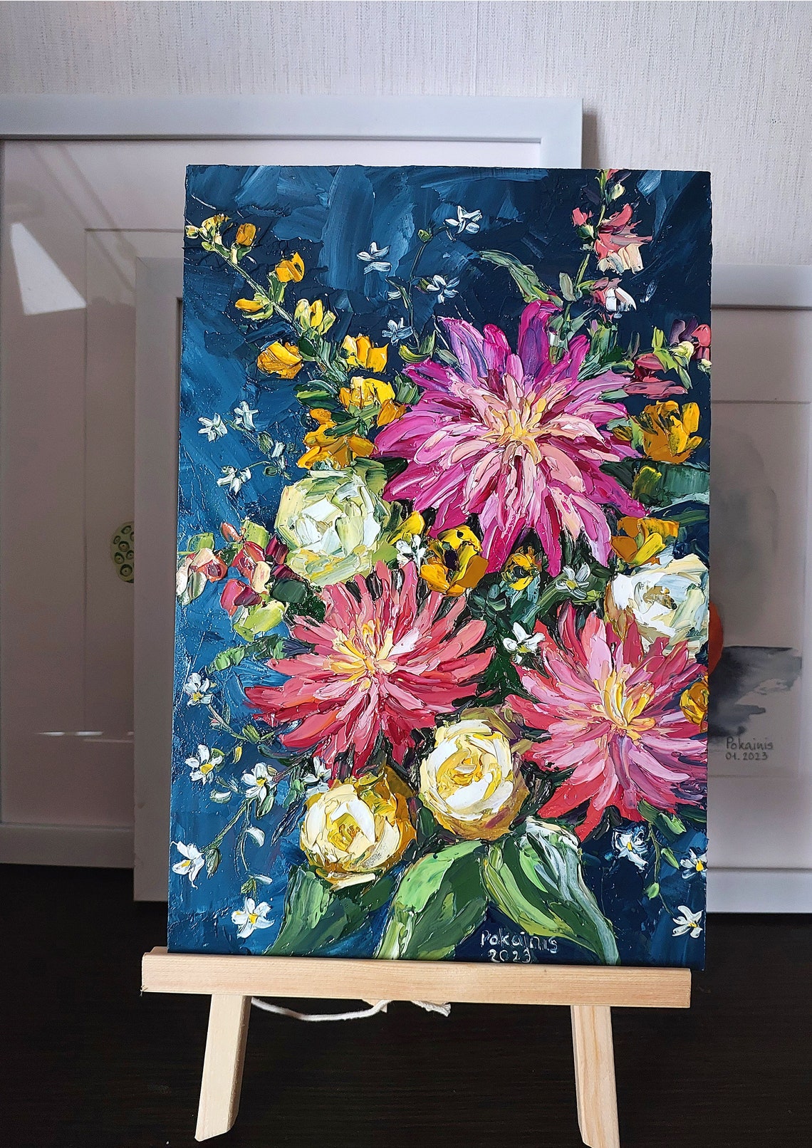 Pink Dahlias Golden Blooms Midnight Blue Impasto Bouquet Poster