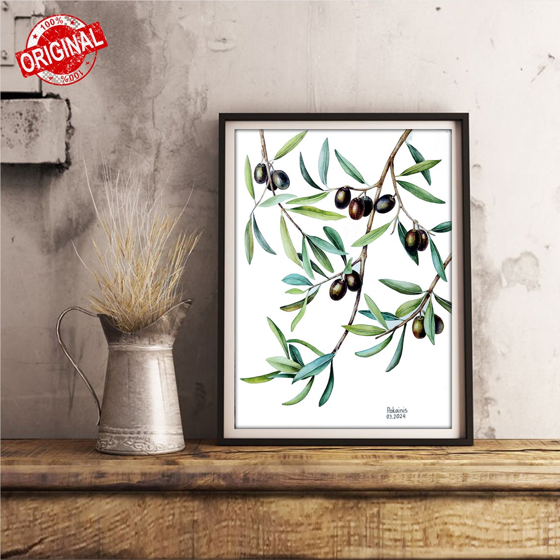 Olive Branch Watercolor Ripe Black Olives Botanical Art Poster - Image 3