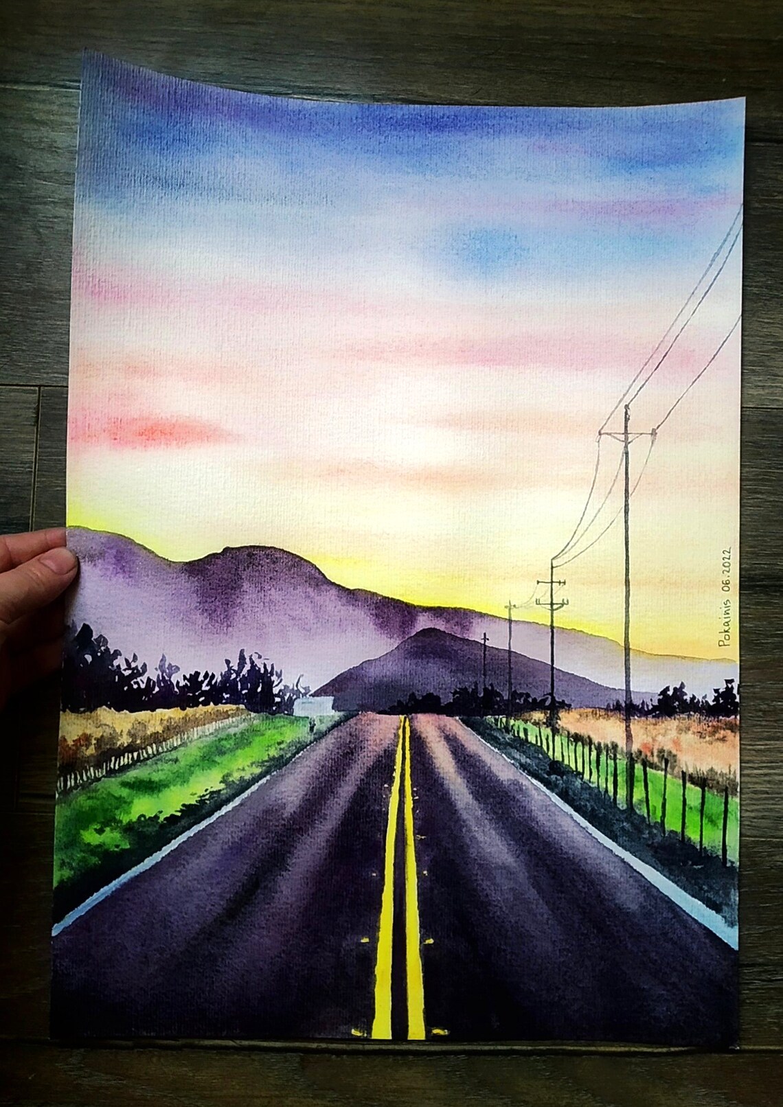 Open Road To Mountains Watercolor Poster Golden Sunset Drive - Image 4