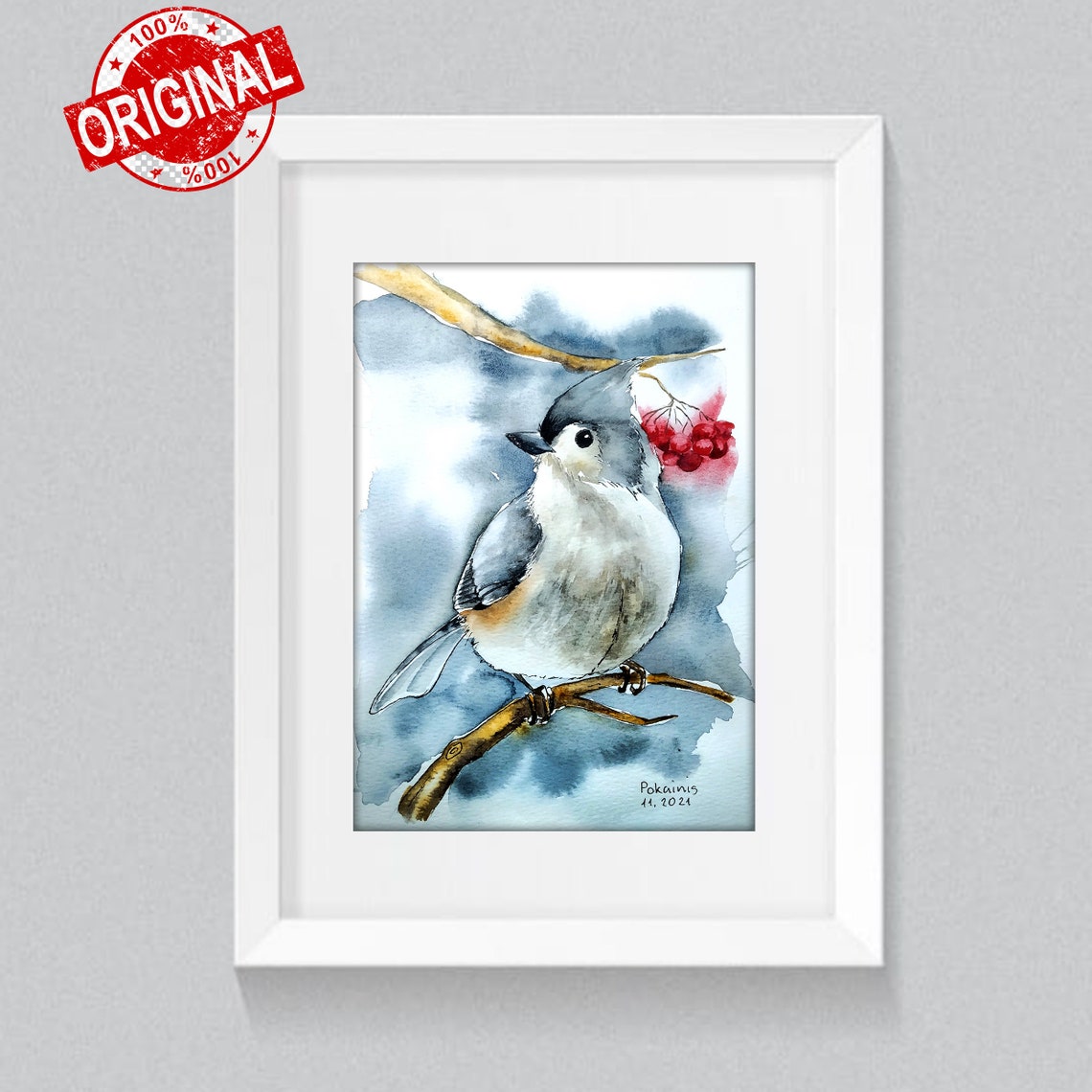 Tufted Titmouse with Winter Berries Watercolor Bird Art Poster - Image 5