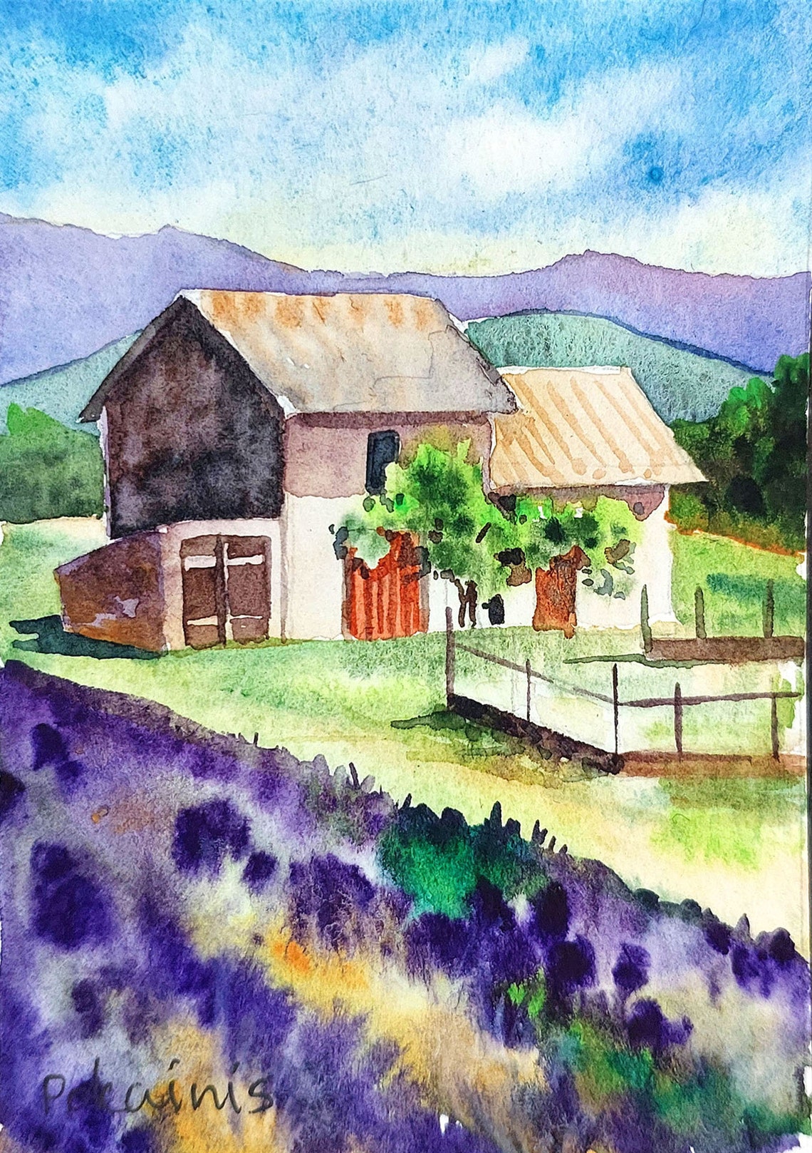 Lavender Field by a Rustic Farmhouse ACEO Watercolor Landscape Poster - Image 2