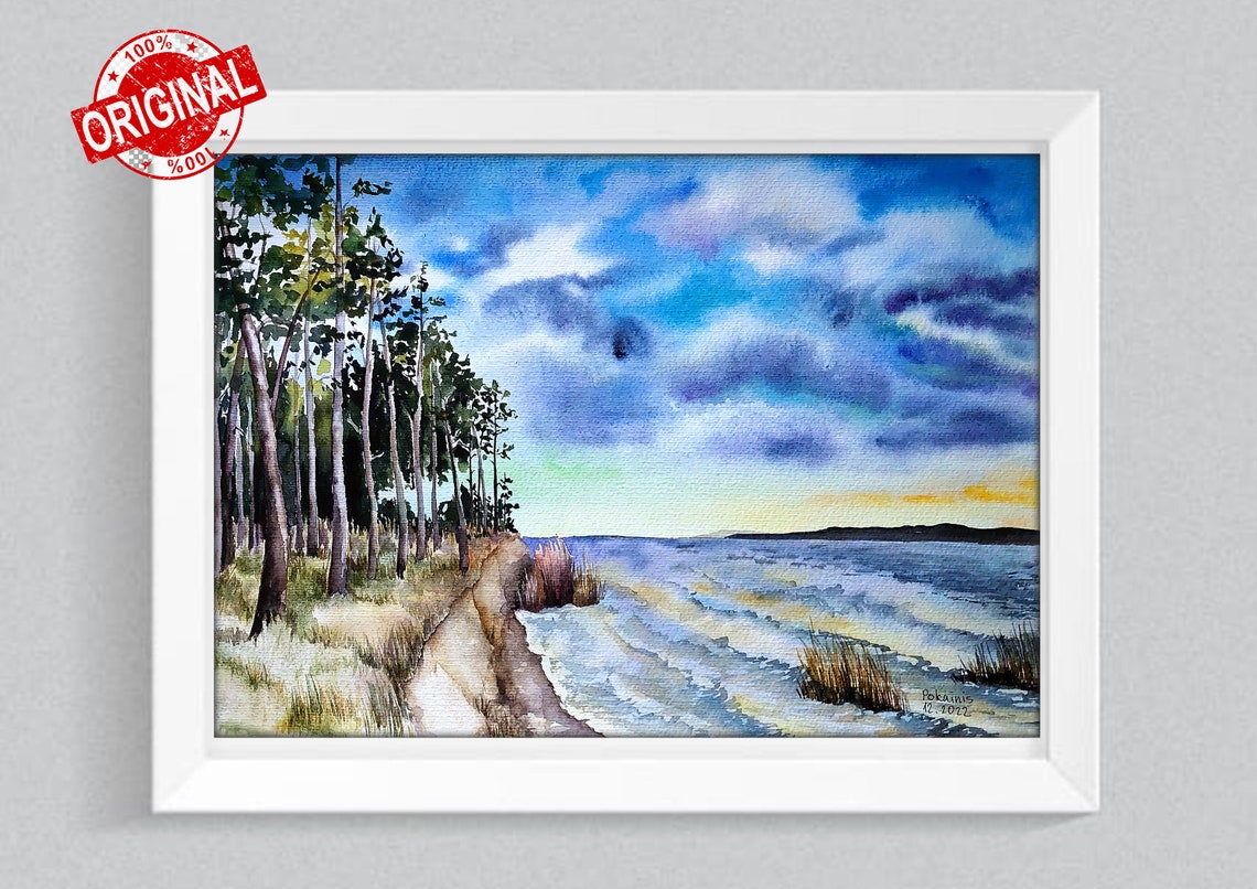 Birch Forest Path beside a Sunlit Lake Watercolor Landscape Poster - Image 2