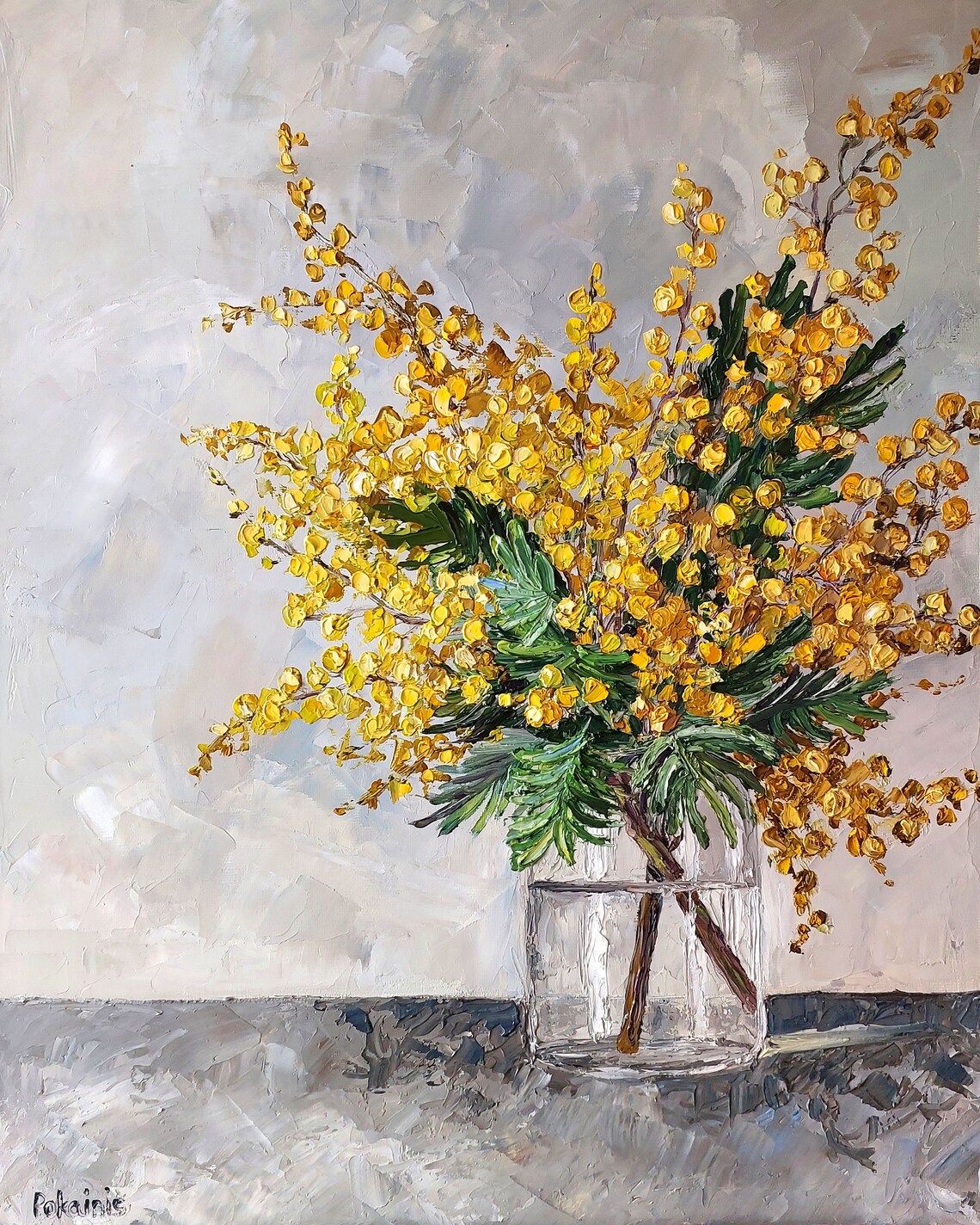 Impasto Mimosa Still Life Art Print, Kitchen Decor