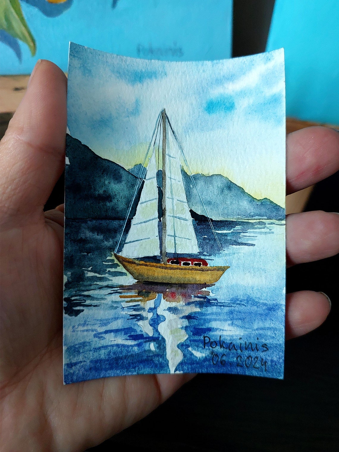 Sailboat Under Moonlit Sky Night Sailing Watercolor Miniature Poster