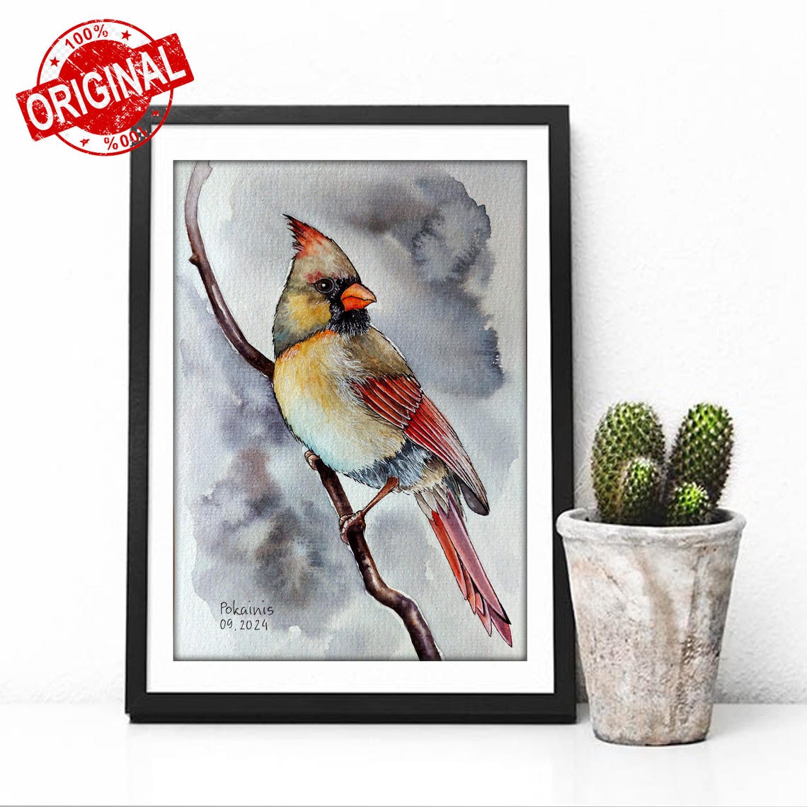 Female Northern Cardinal Perched on Branch Watercolor Poster - Image 3