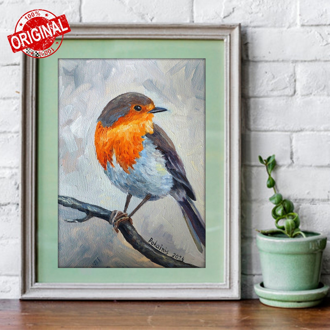 European Robin Close Up Original Oil Painting Bird Art Poster - Image 3