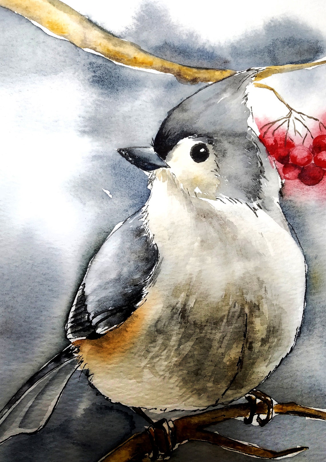 Tufted Titmouse with Winter Berries Watercolor Bird Art Poster - Image 2