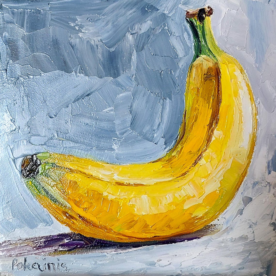 Single Banana Impasto Oil Still Life on Grey Background Poster