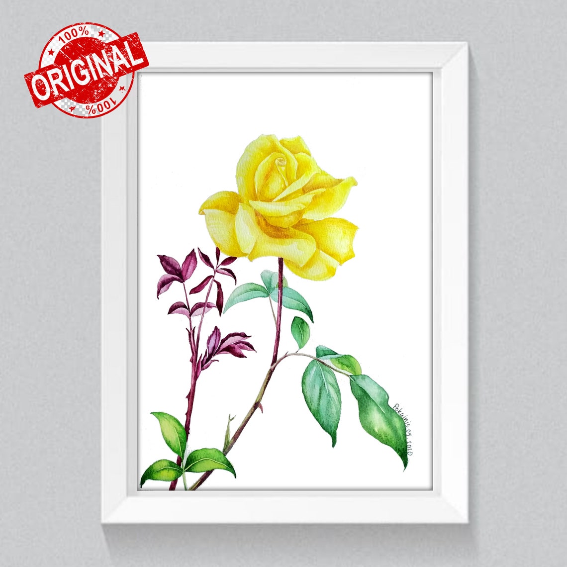 Single Yellow Rose Blossom Botanical Watercolor Flower Art Poster - Image 2