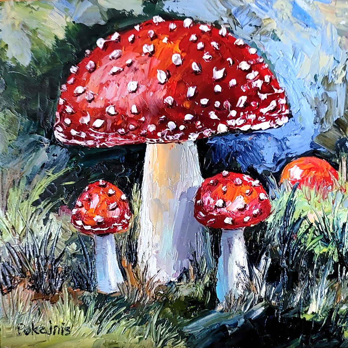 Red Fly Agaric Mushrooms Green Mossy Forest Floor Impasto Poster