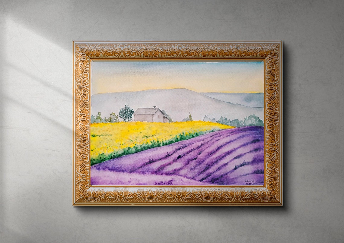 Lavender and Sunflower Fields Farmhouse Landscape Watercolor Poster - Image 5