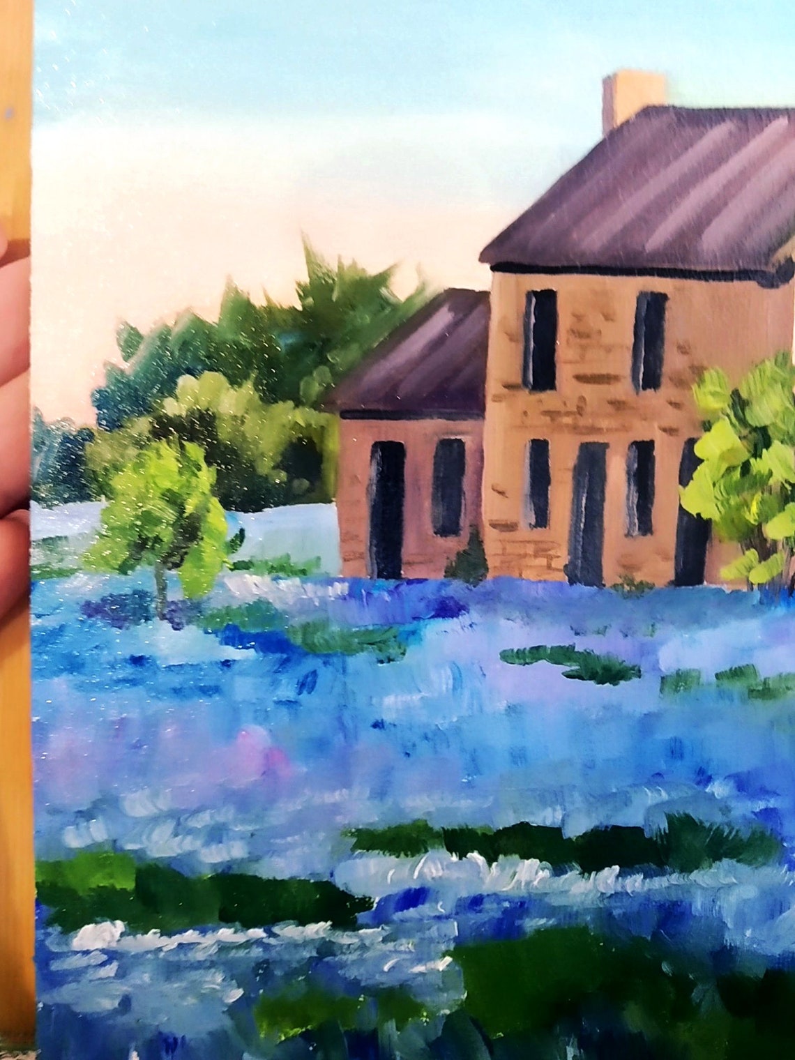 Old Stone Farmhouse Bluebonnet Field Oil Painting Spring Poster - Image 2