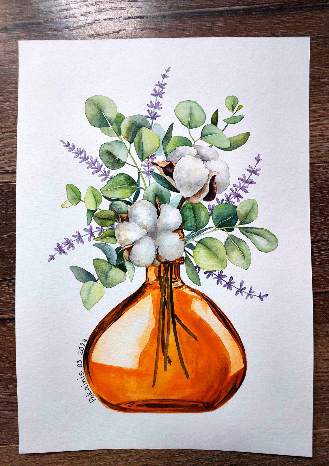 Cotton Eucalyptus Lavender Bouquet in Amber Vase Watercolor Poster - Image 5