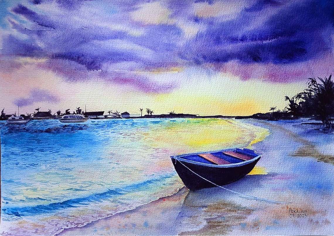 Wooden Rowboat Beached at Sunset on a Tropical Beach Watercolor Poster