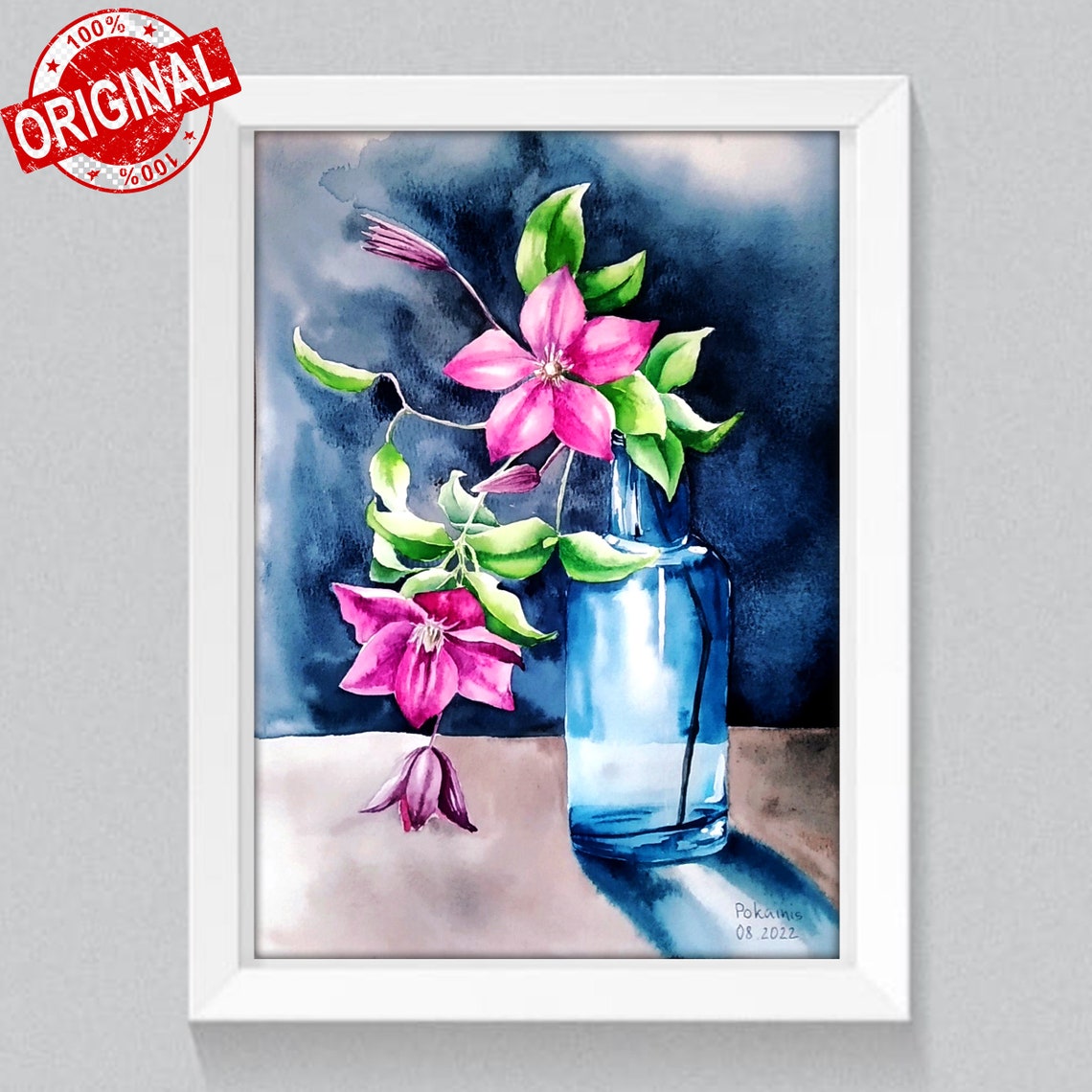Pink Clematis Flowers in a Blue Glass Bottle Watercolor Art Poster - Image 2