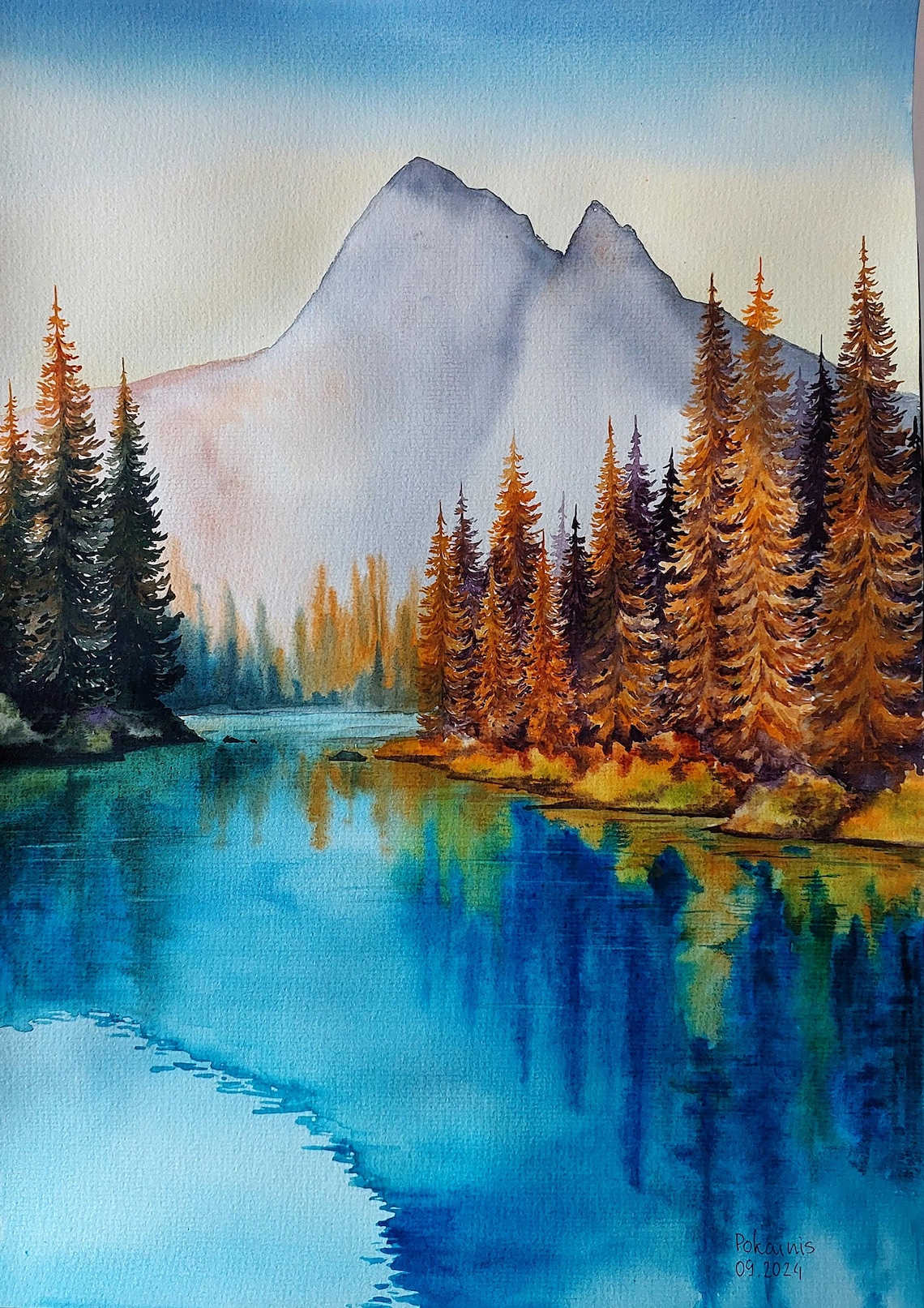 Emerald Lake Mountain Forest Watercolor Art Print