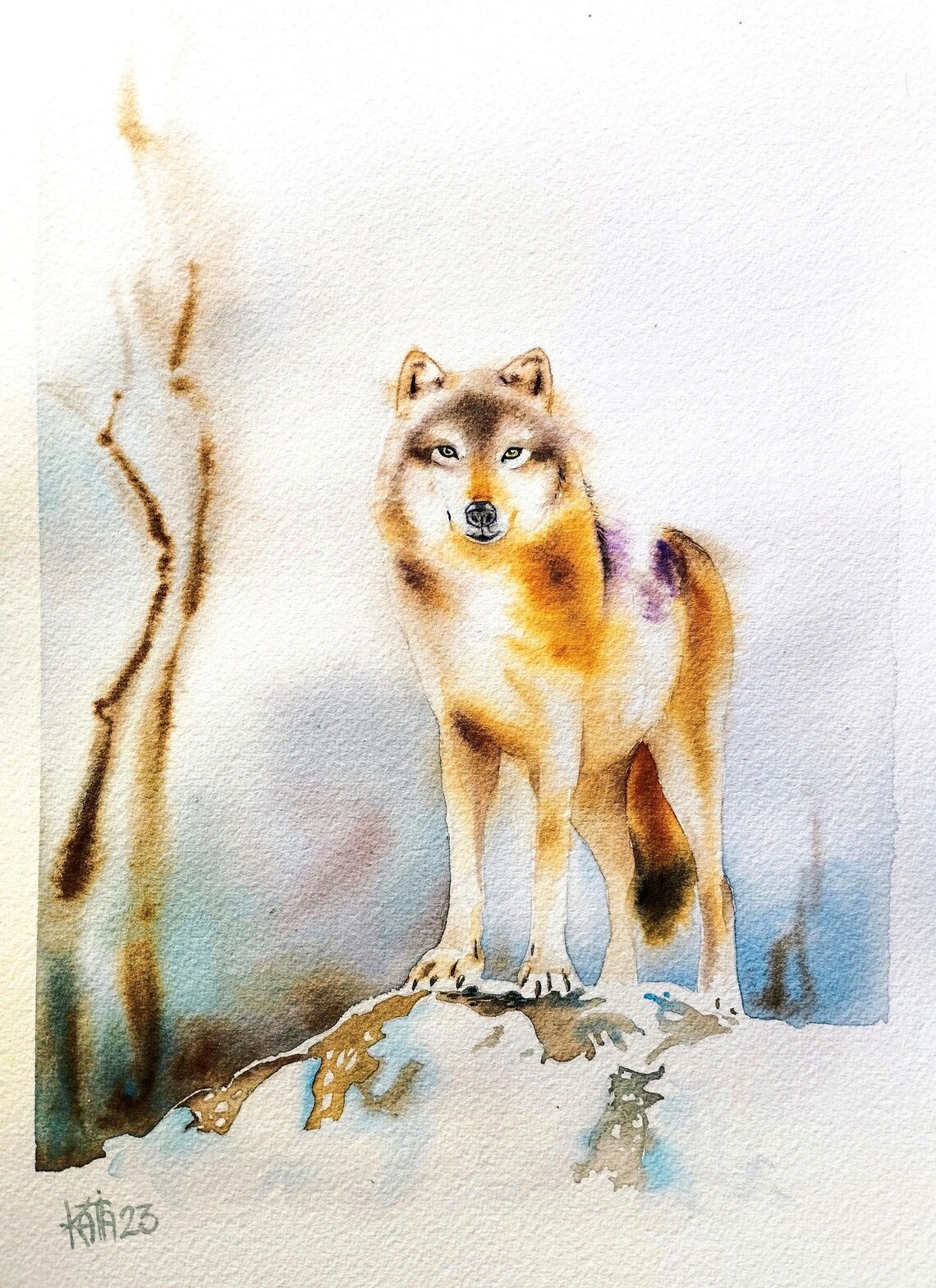 Lone Gray Wolf Standing in Snow Winter Watercolor Wildlife Art Poster